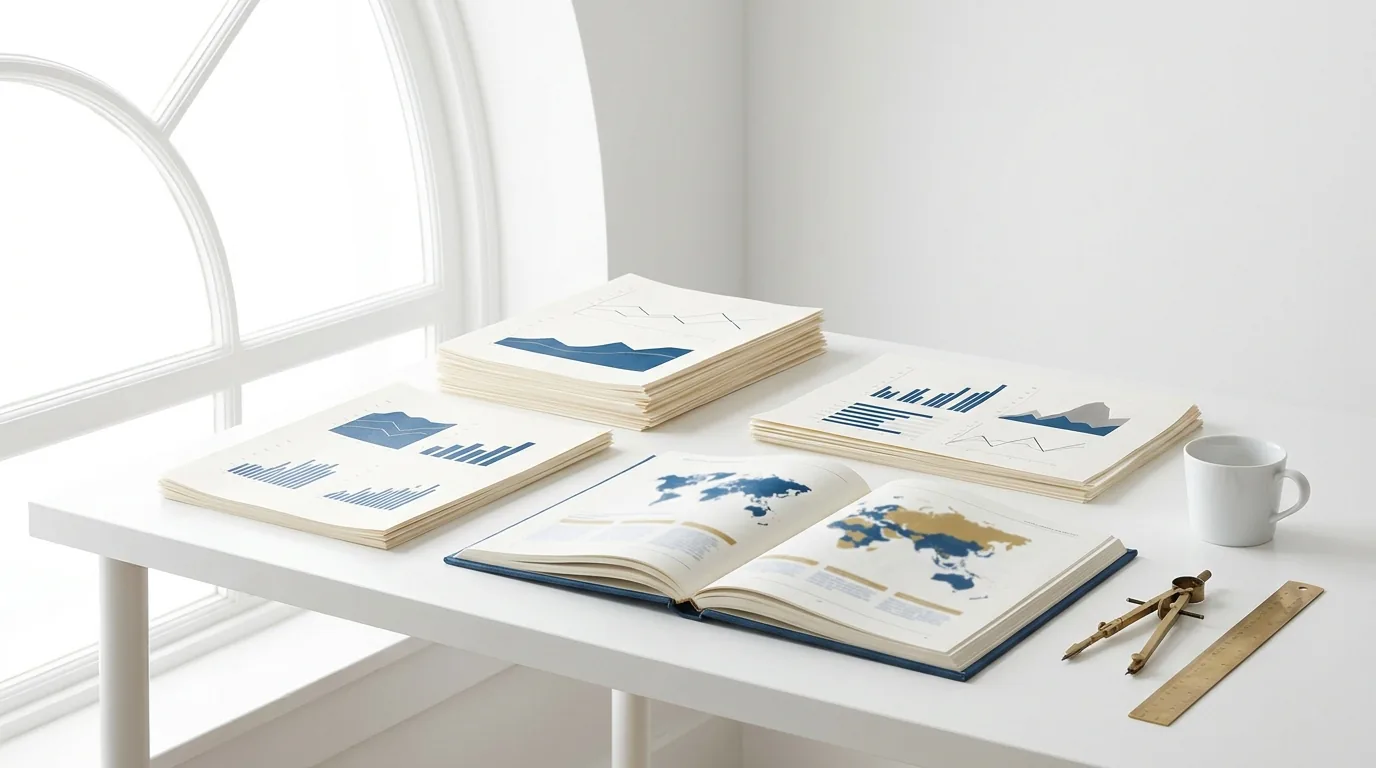 Charts in scholar-blue ink, a brass compass and an open statistical atlas on a bright desk
